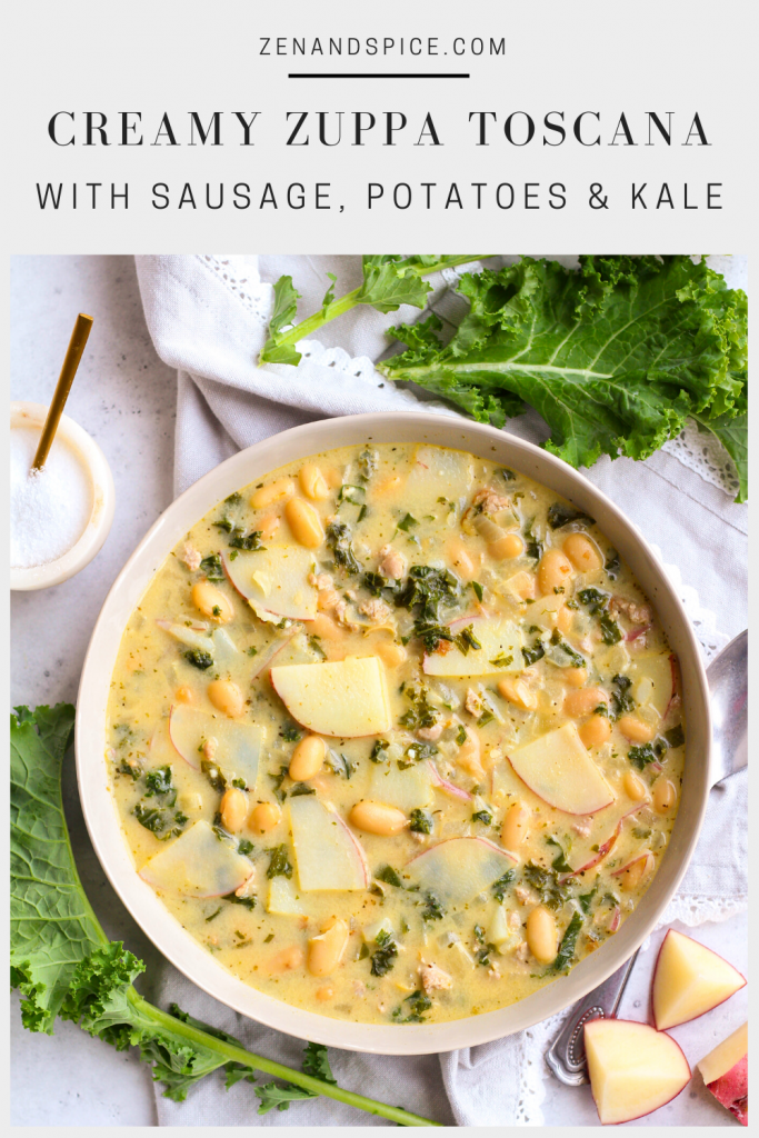 This traditional Zuppa Toscana, or Italian soup, is so easy to make at home with plenty of pantry staples! Pork sausage, thinly sliced potatoes, white beans, and kale simmered in broth until tender with plenty of Italian seasoning. 