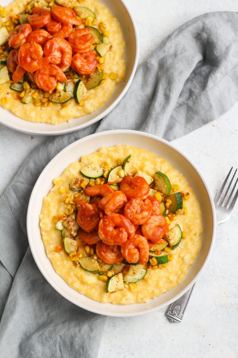 BBQ Shrimp and Veggies with Cheddar Cauliflower Grits