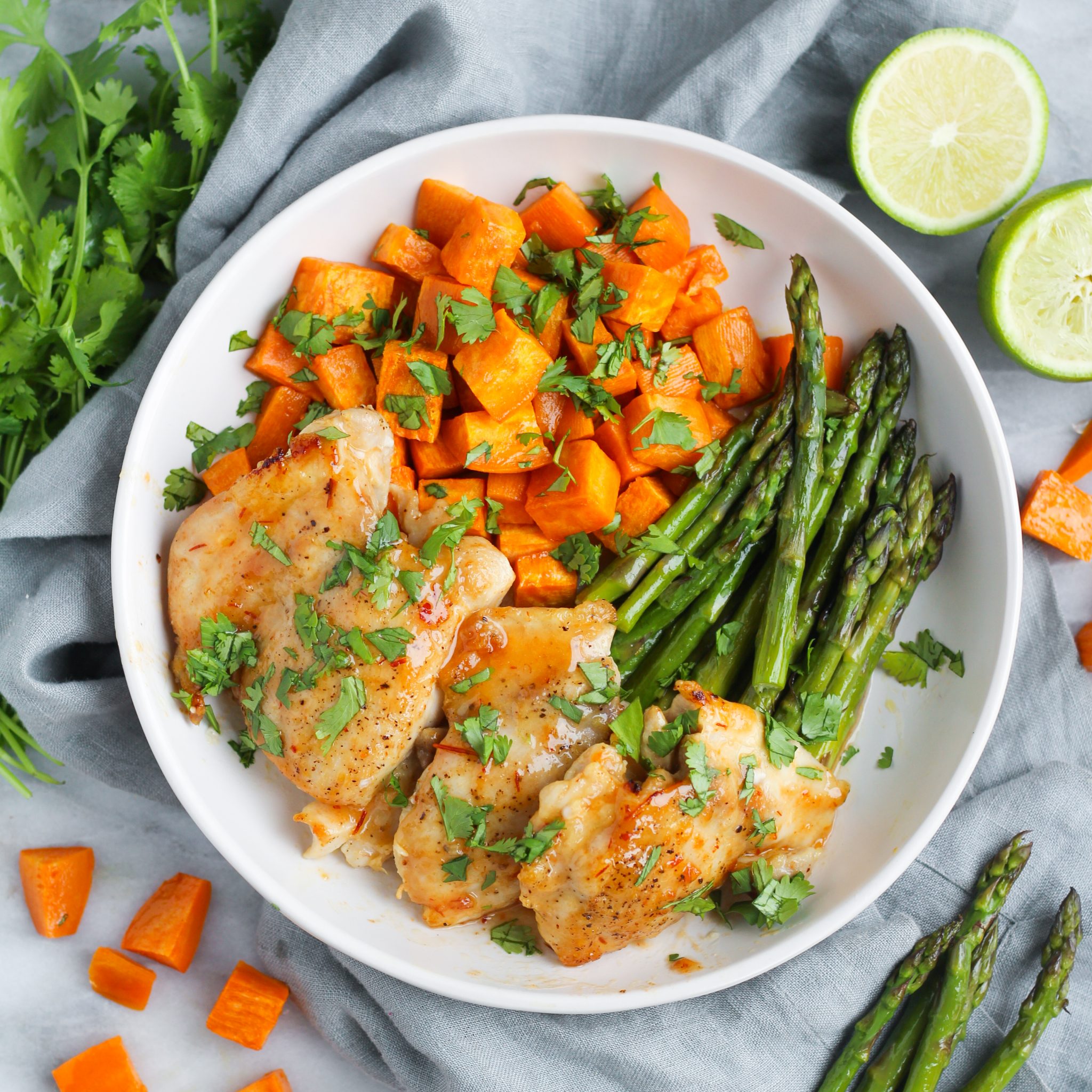 Spicy GingerLime Chicken Thighs with Sweet Potatoes & Asparagus Zen & Spice
