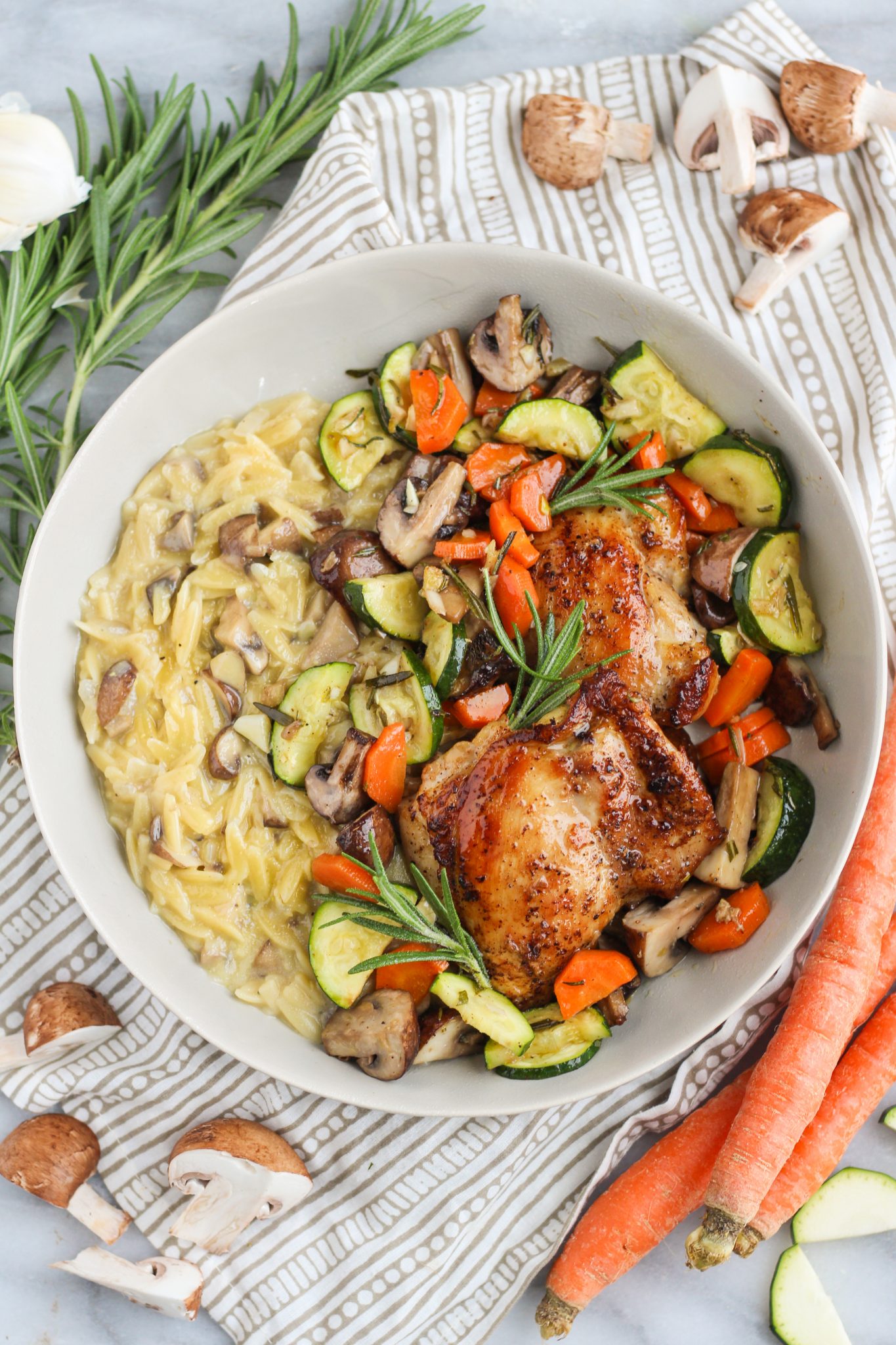 Garlic-Rosemary Roasted Chicken Thighs and Veggies with Mushroom Orzo