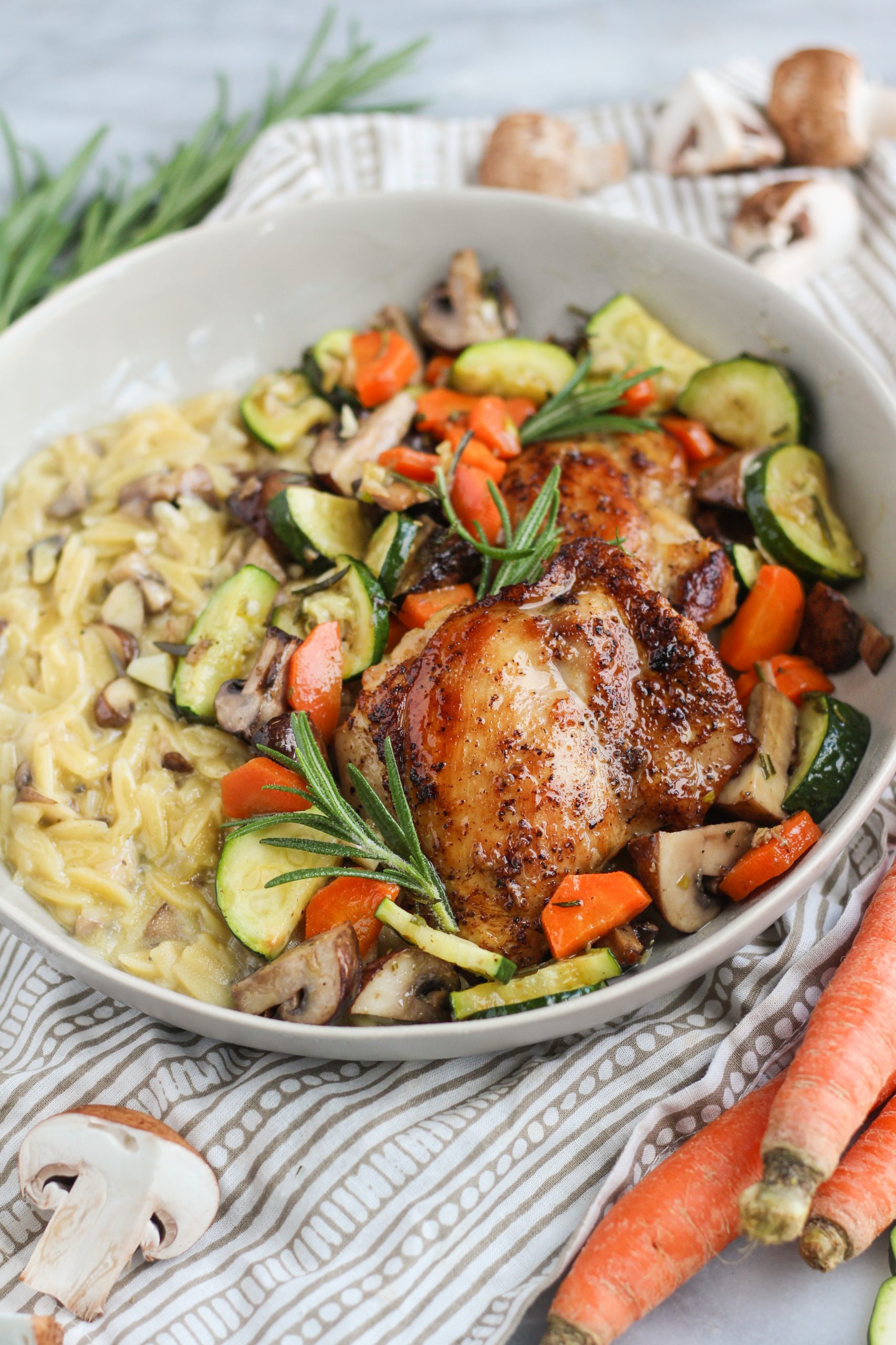 Garlic-Rosemary Roasted Chicken Thighs and Veggies with Mushroom Orzo Risotto