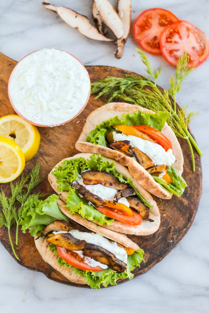 Make meatless dinners more of a regular occurrence with these delicious vegetarian gyros! Grilled portabella mushrooms and peppers topped with fresh veggies and a tangy yogurt-dill sauce.