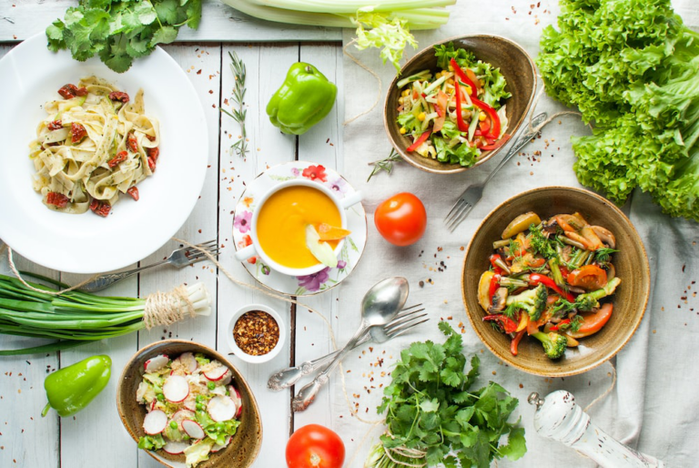 Vegetarian food bowls placed on a table