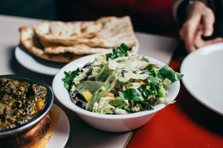 Salad in a white ceramic bowl